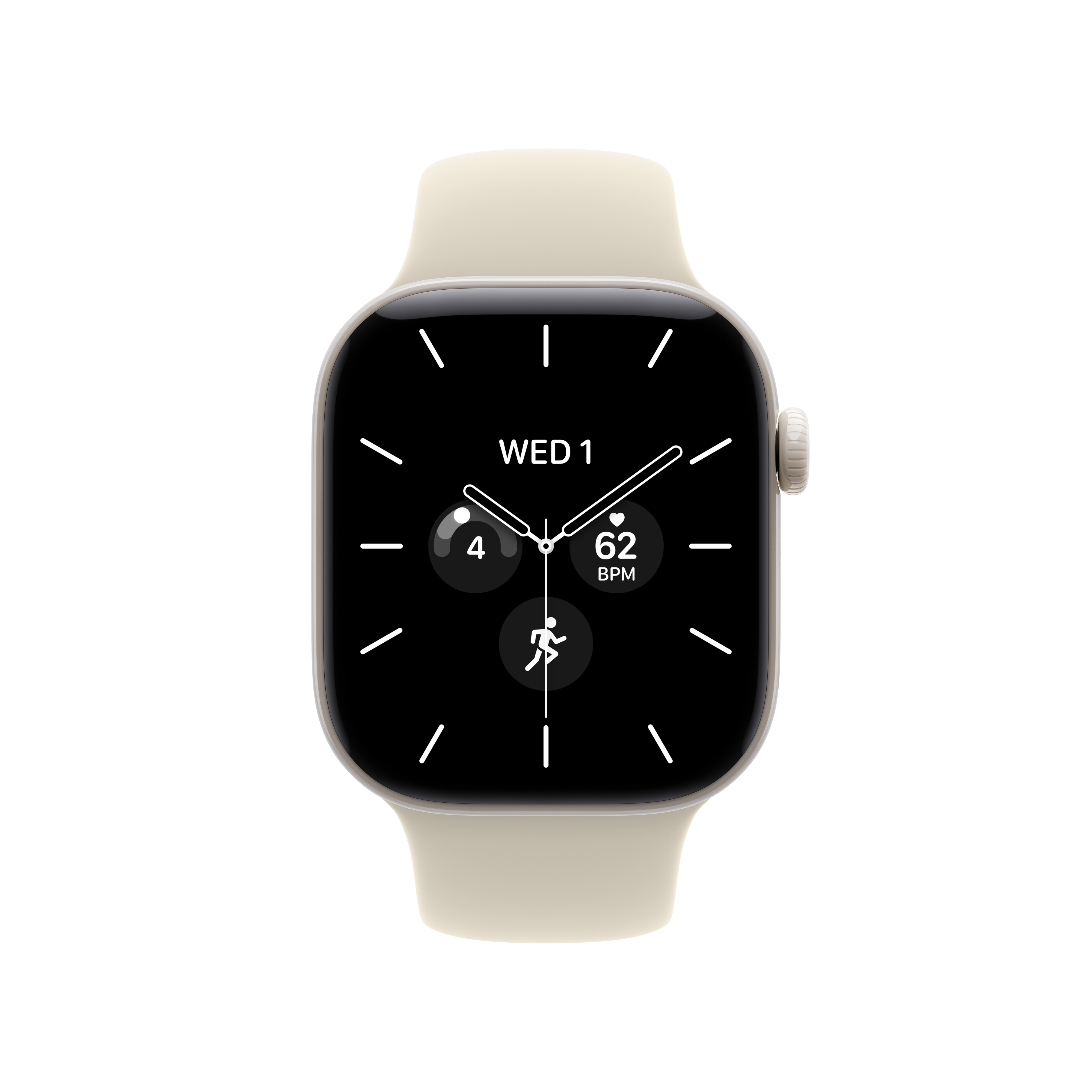 Eine beige Smartwatch mit schwarzem Digitalbildschirm zeigt Uhrzeit, Herzfrequenz und Aktivitätsdaten auf weißem Grund.