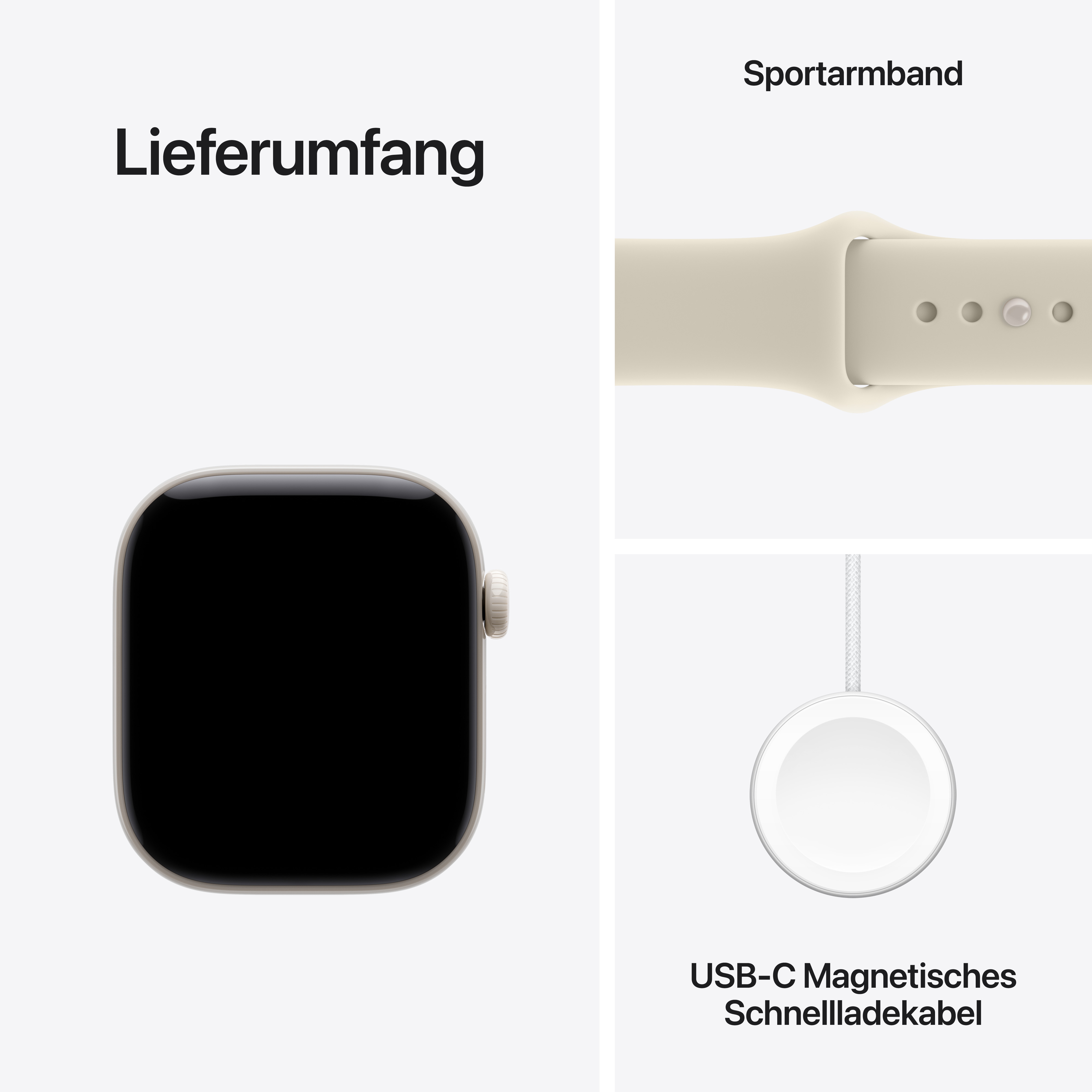 Lieferumfang: Apple Watch, Sportarmband und USB-C Magnetisches Schnellladekabel.