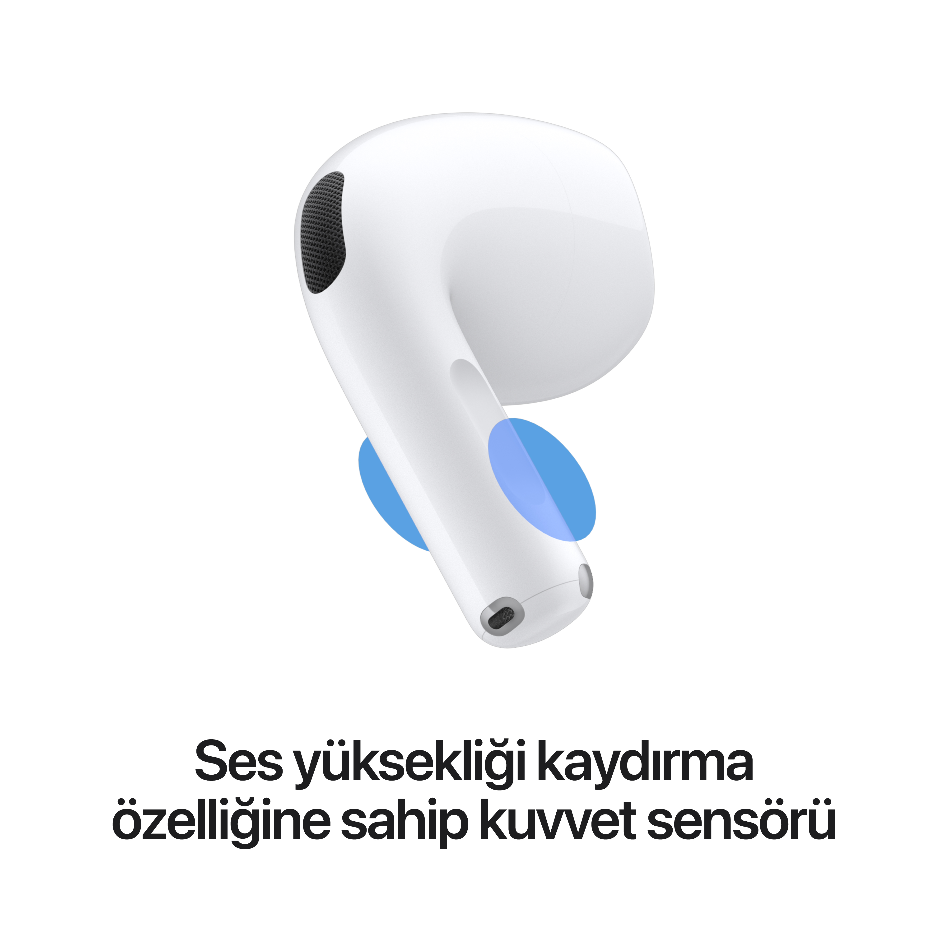Mavi sensör efektli beyaz kulaklık ve altında Türkçe metin.