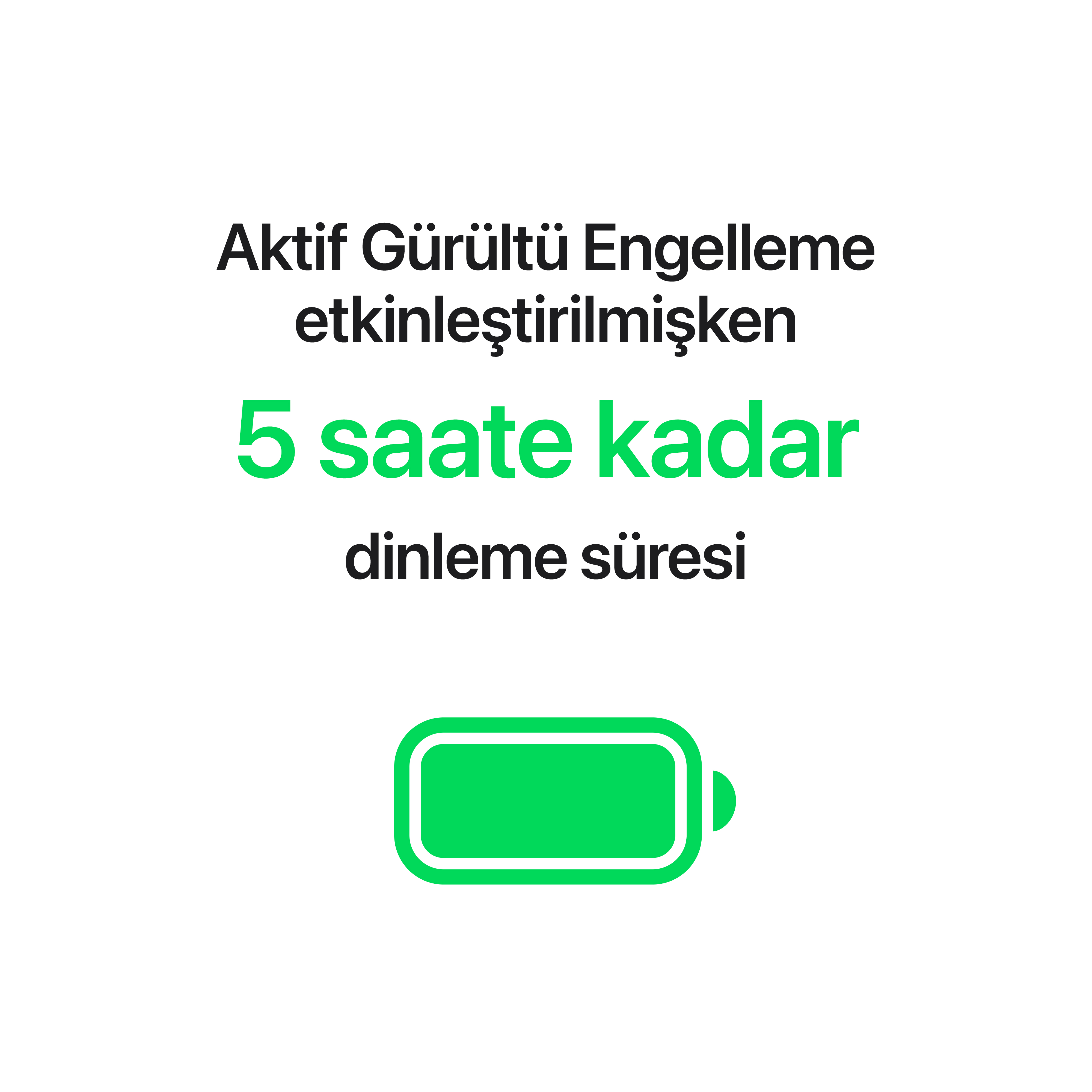 Aktif gürültü engelleme açıkken 5 saate kadar dinleme süresi yazısı ve yeşil pil simgesi.