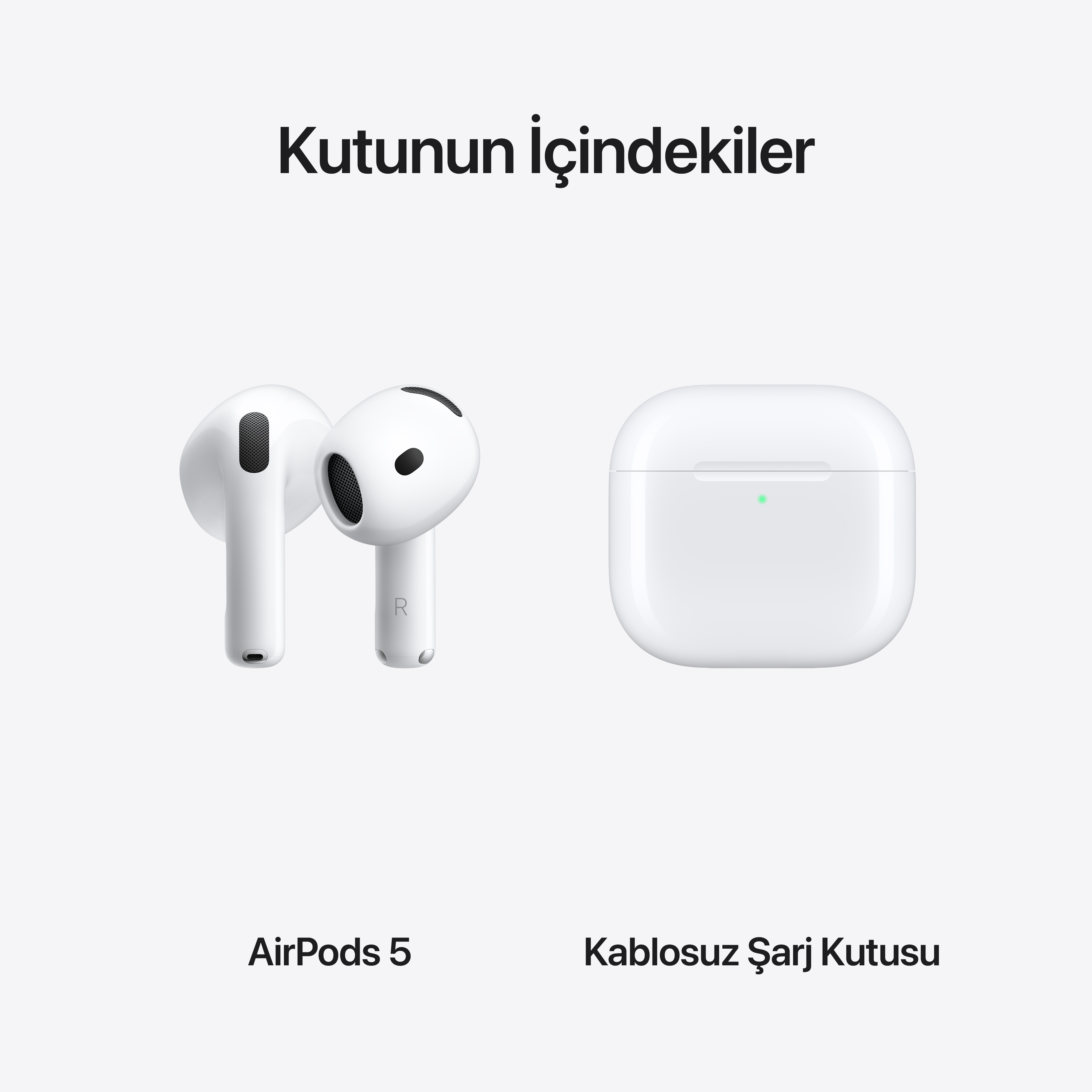 Acik gri arka planda beyaz AirPods ve kablosuz sarj kutusu.