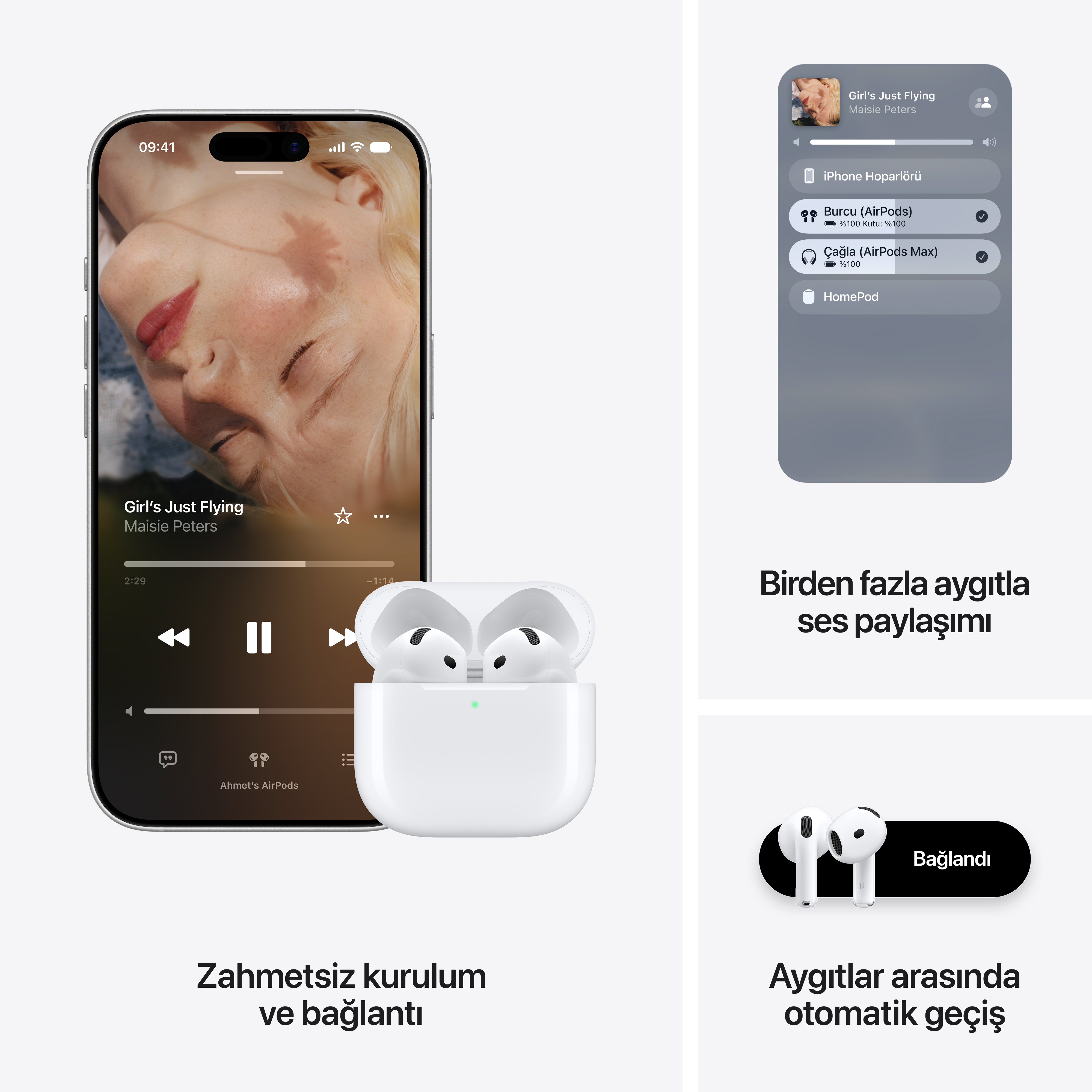 Bir iPhone müzik çalar ve AirPods şutusu gösteriyor. Üstte ses paylaşımı ve aygıtlar arası otomatik geçiş metni yer alıyor.