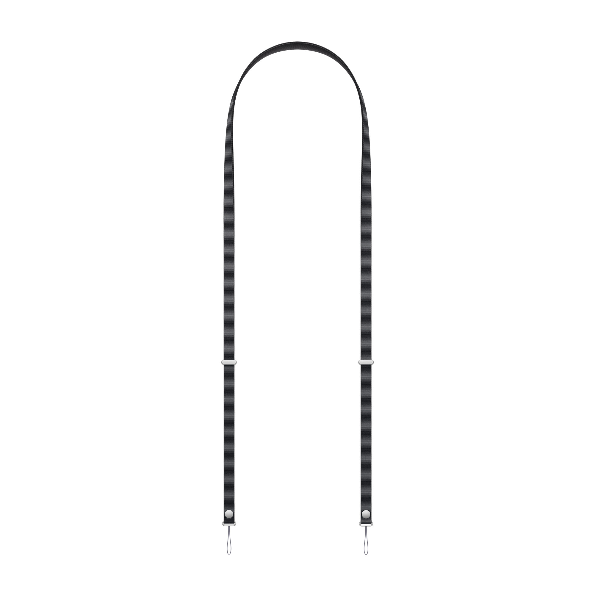 Ein schwarzes Lanyard mit silbernen Verstellern und Schlaufen auf einem weißen Hintergrund.