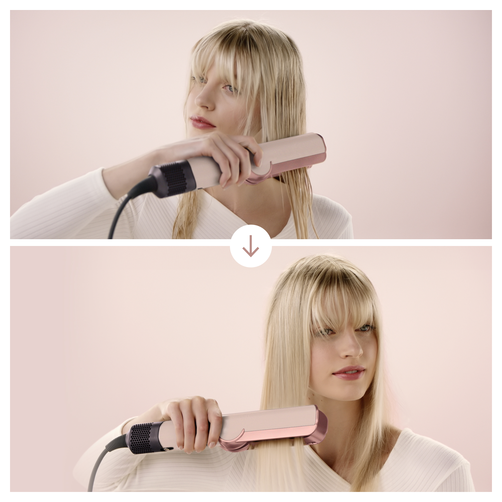 Mujer seca su cabello rubio mojado con un moldeador, luego liso y seco.