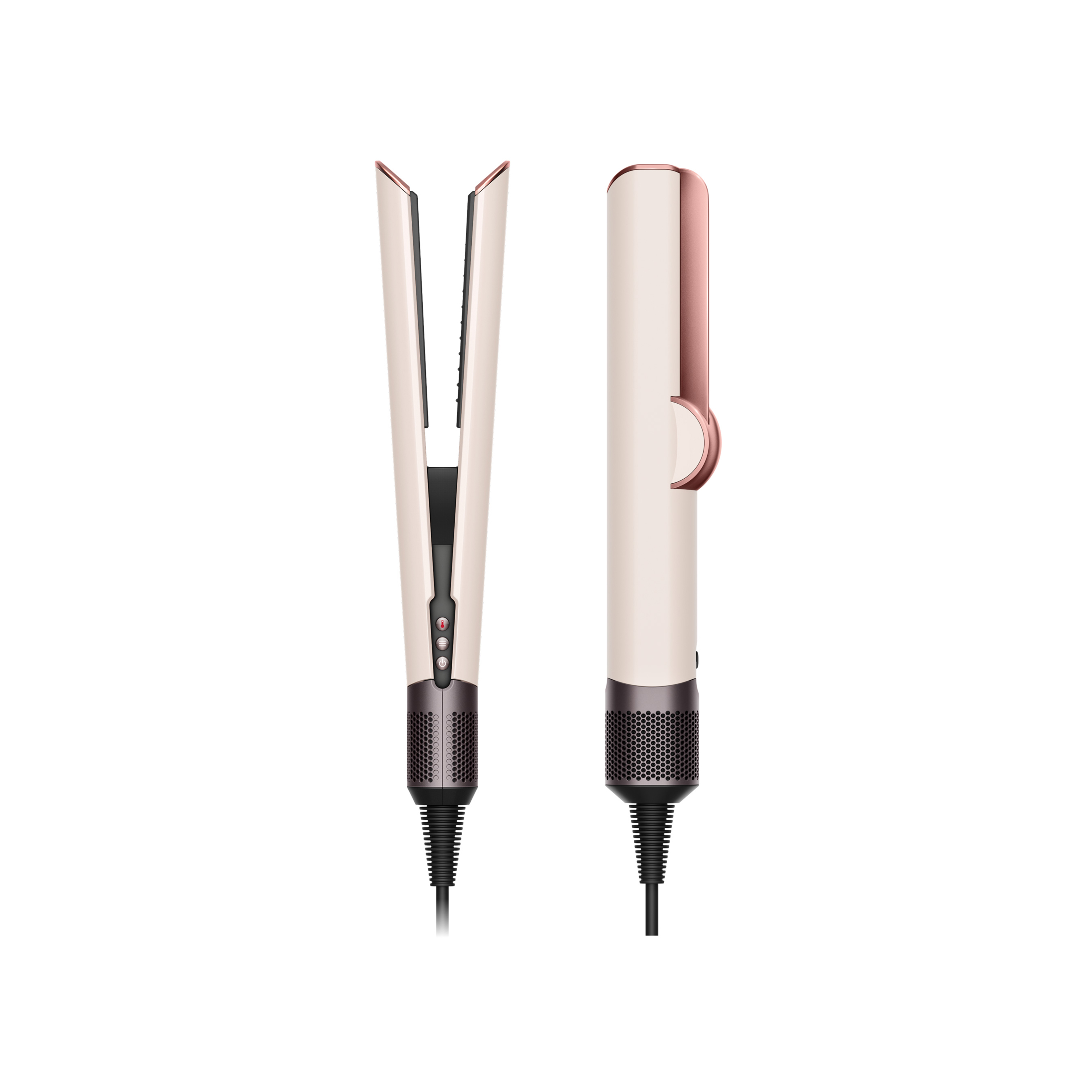 Herramienta para el cabello en color beige y oro rosa, abierta y cerrada, con cable sobre fondo blanco.