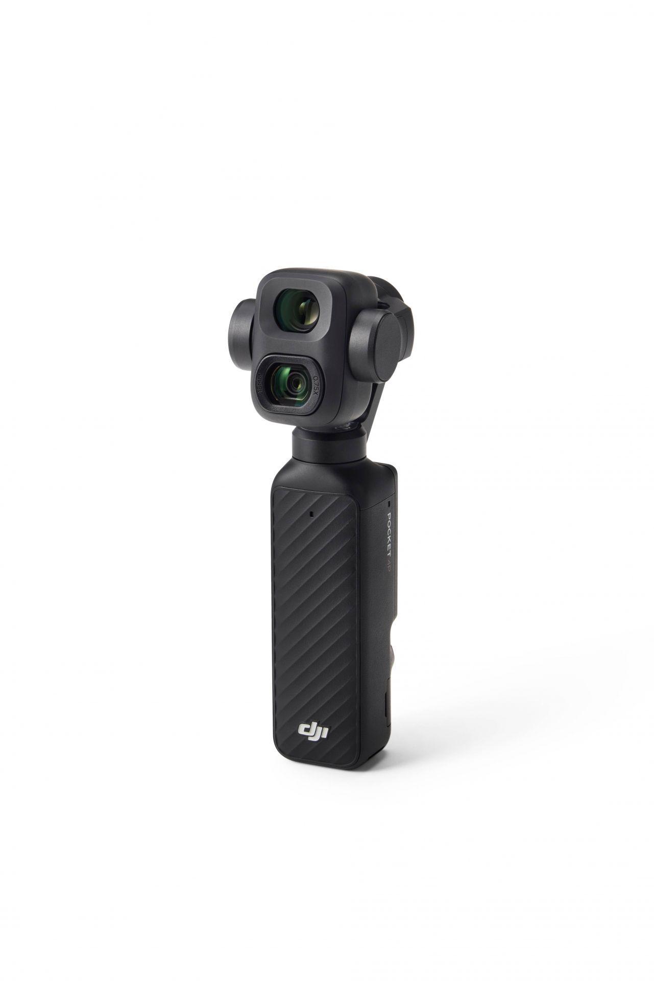 Schwarze DJI-Pocket-Kamera mit zwei Objektiven auf weißem Hintergrund.