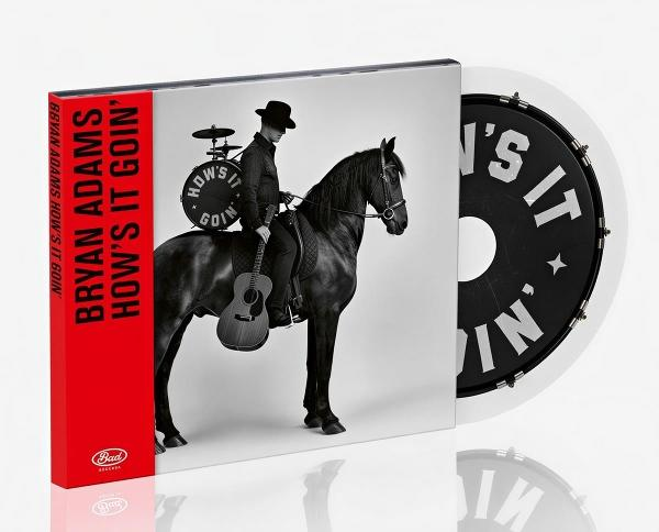 CD-Verpackung von Bryan Adams mit cowboyähnlichem Mann auf einem Pferd mit Gitarre und Schlagzeug.