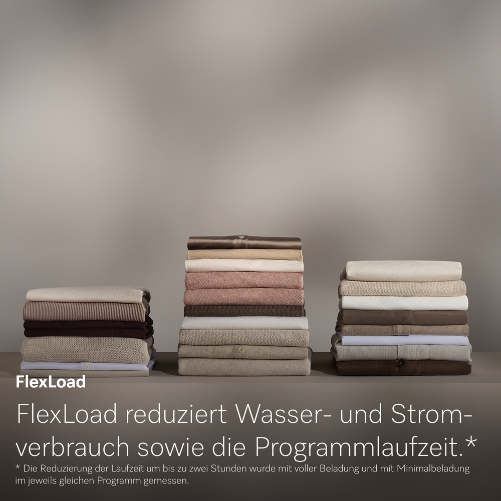 Drei gestapelte Wäschestapel in Beige- und Brauntönen stehen auf einer Oberfläche, davor Text auf Deutsch.