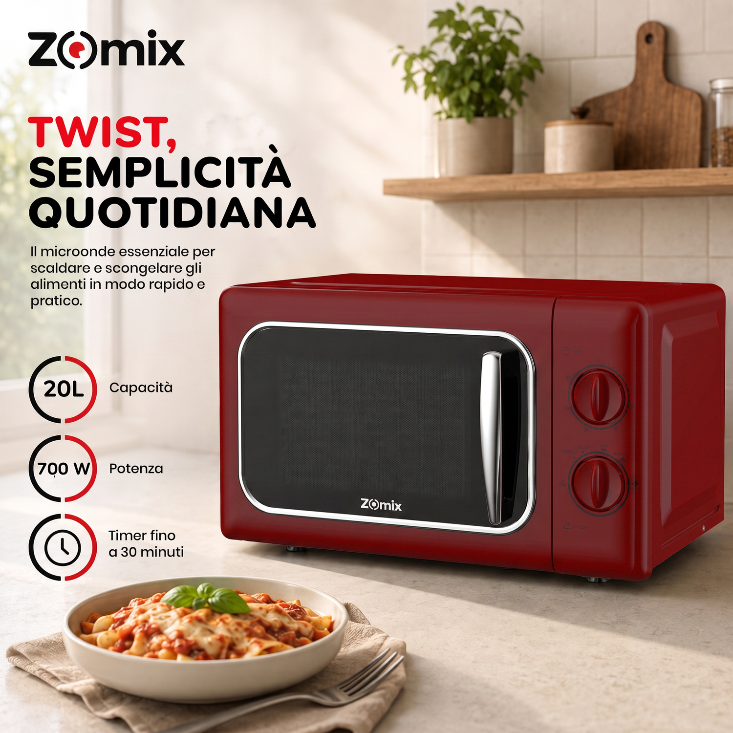 Un forno a microonde Zomix rosso su un piano cucina accanto a un piatto di pasta, con testo e icone.