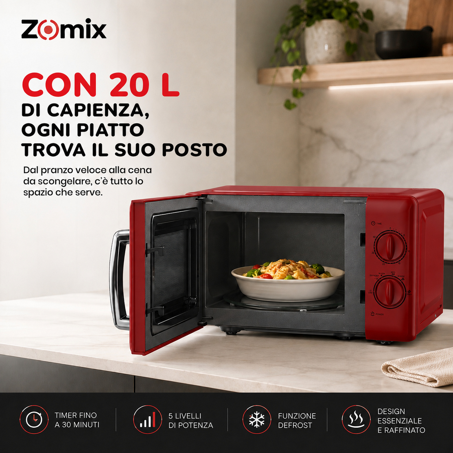 Un microonde Zomix rosso con la porta aperta si trova su un bancone da cucina bianco, contenente un piatto di pasta.