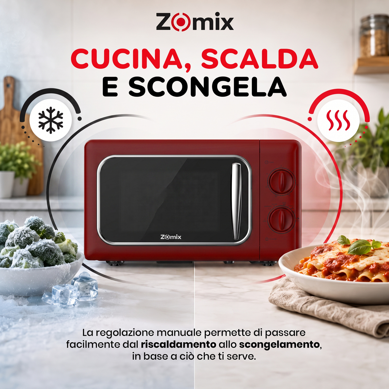 Microonde Zomix rosso su un tavolo con verdure surgelate a sinistra e lasagne calde a destra.