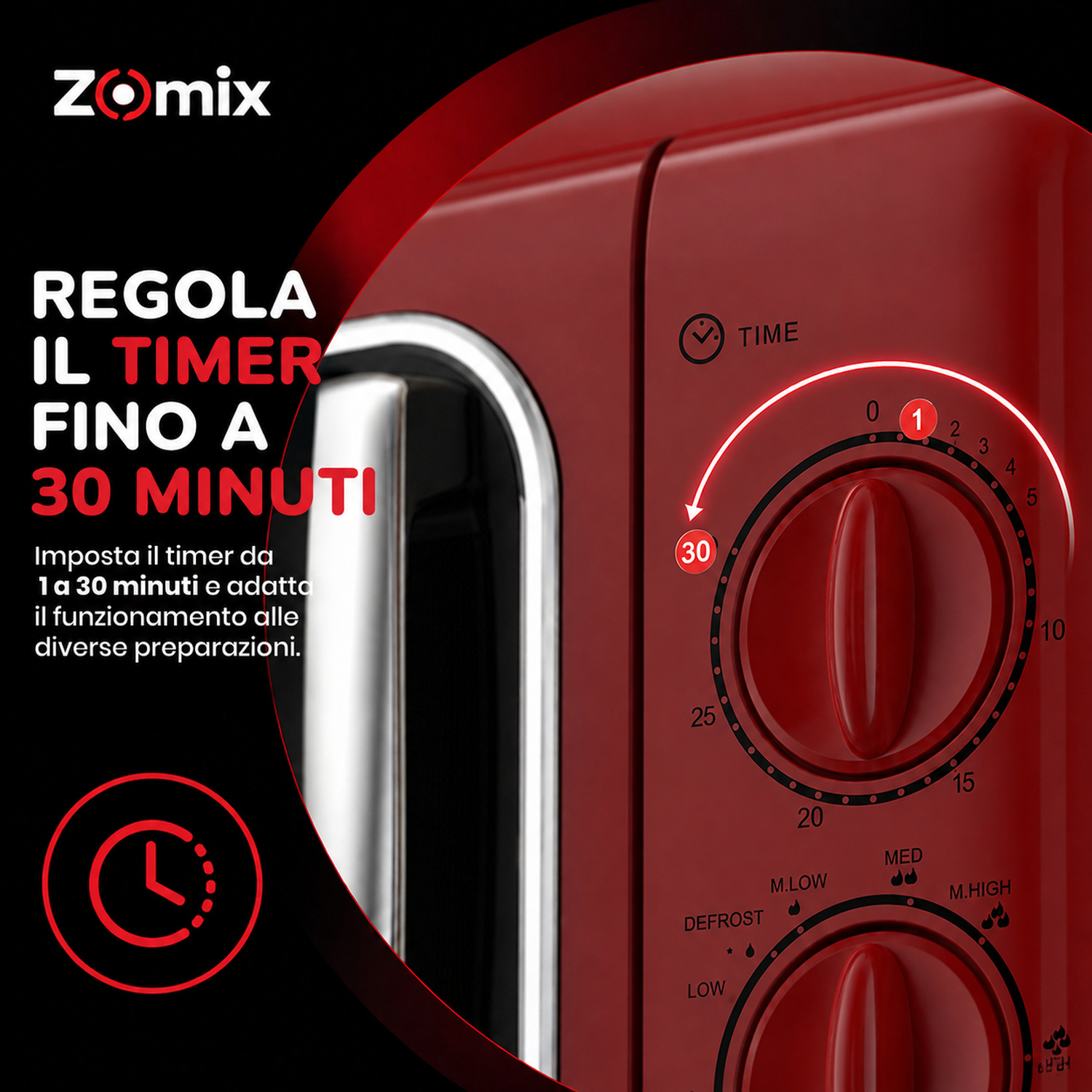 Manopola timer microonde Zomix rossa fino a 30 minuti, con testo in italiano.