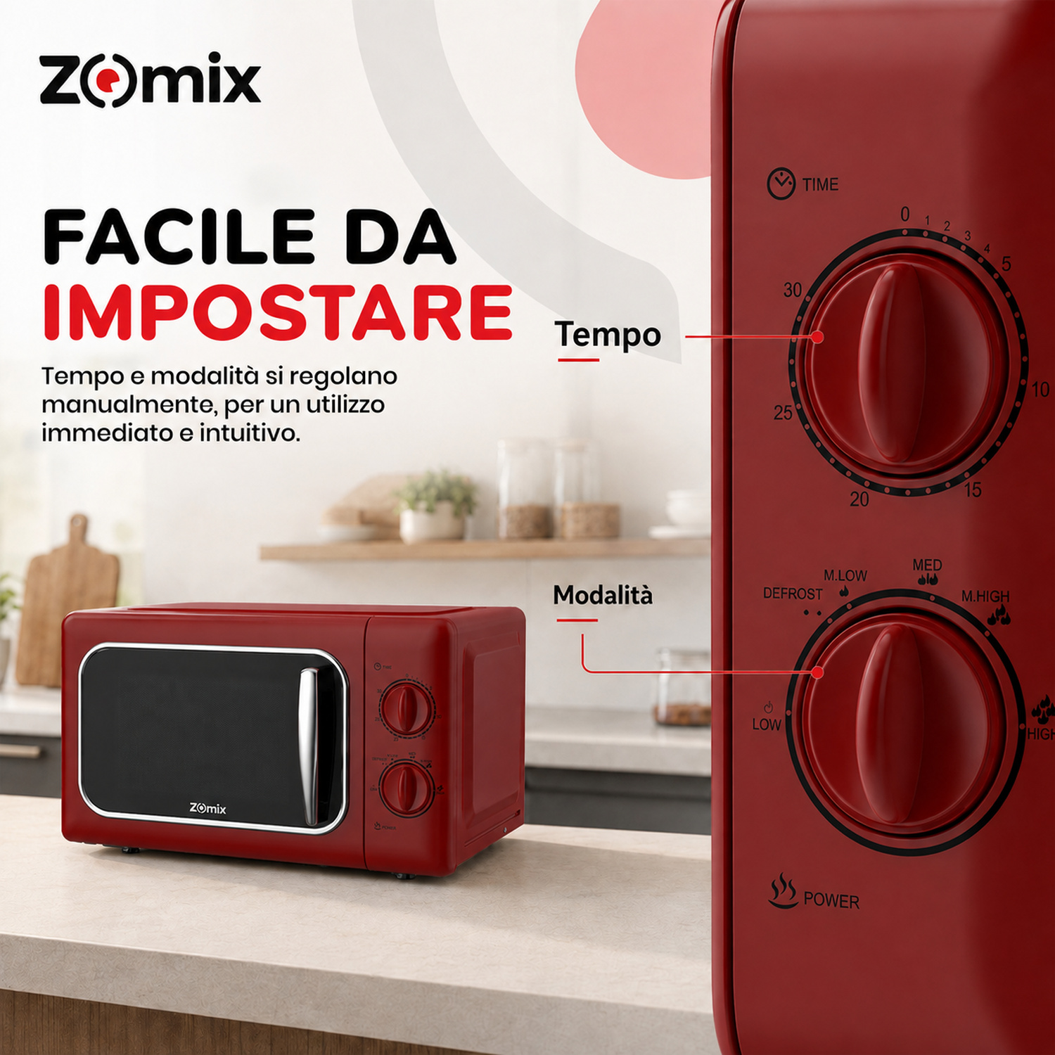 Microonde retro rosso con manopole manuali per tempo e potenza su un bancone.