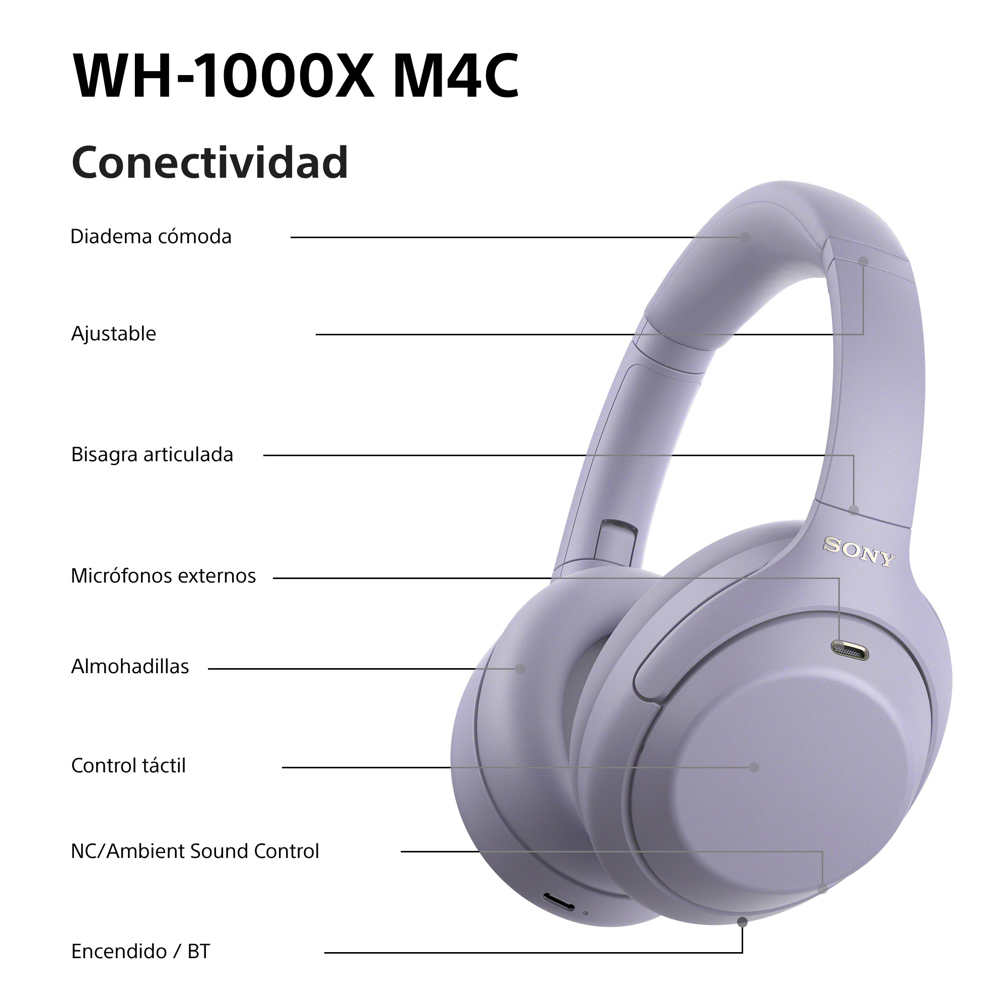 Diadema cómoda, Ajustable, Bisagra articulada, Micrófonos externos, Almohadillas, Control táctil, NC/Ambient Sound, ON/BT.