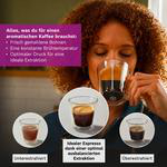 Eine Frau genießt Kaffee, mit Einlagen über Espresso-Extraktion und Text.