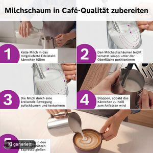 Eine 5-Schritte-Anleitung zur Zubereitung von Milchkaffeeschaum, vom Eingießen bis zum Aufschäumen.
