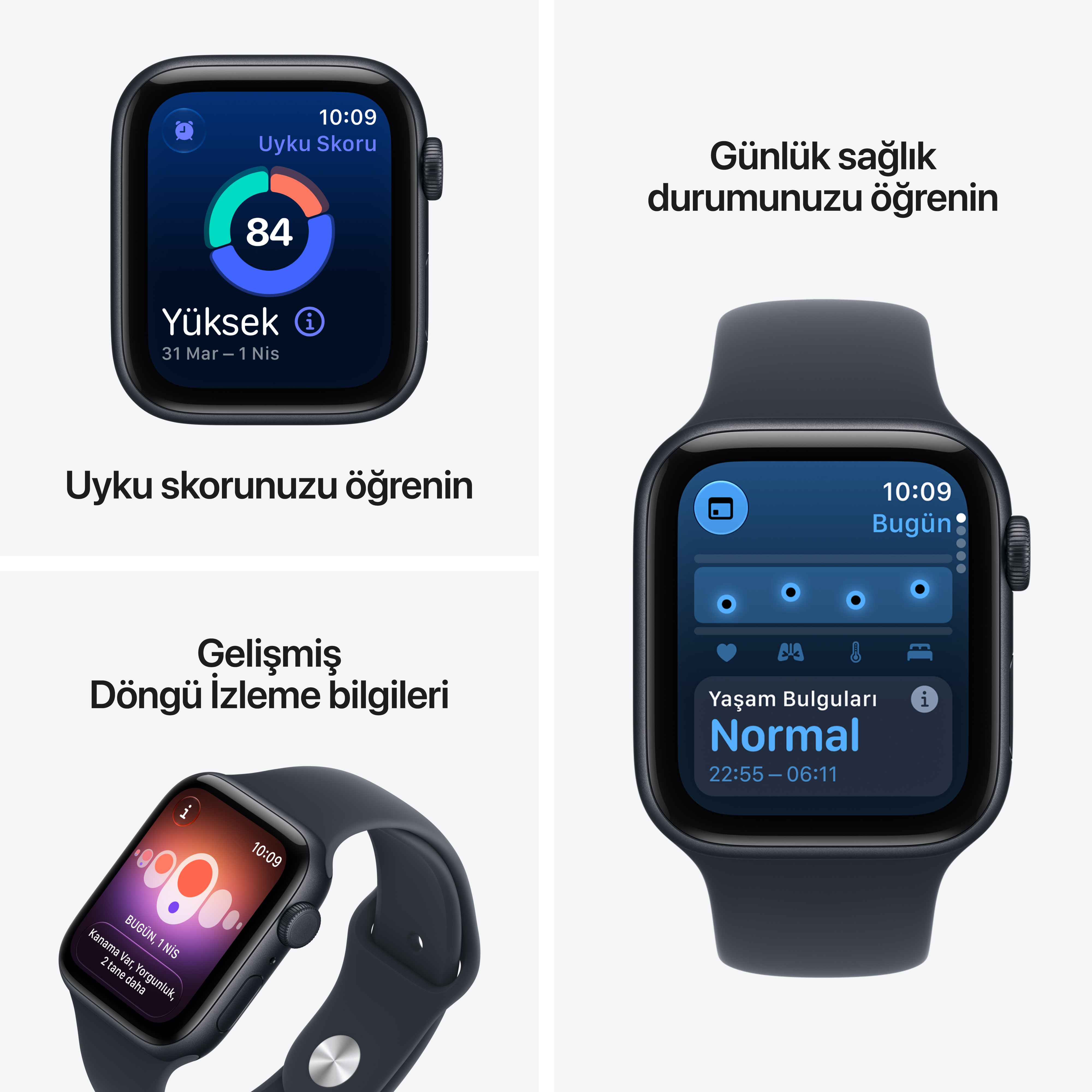 Sağlık verileri, uyku skoru ve döngü takibi gösteren akıllı saat ekranları.