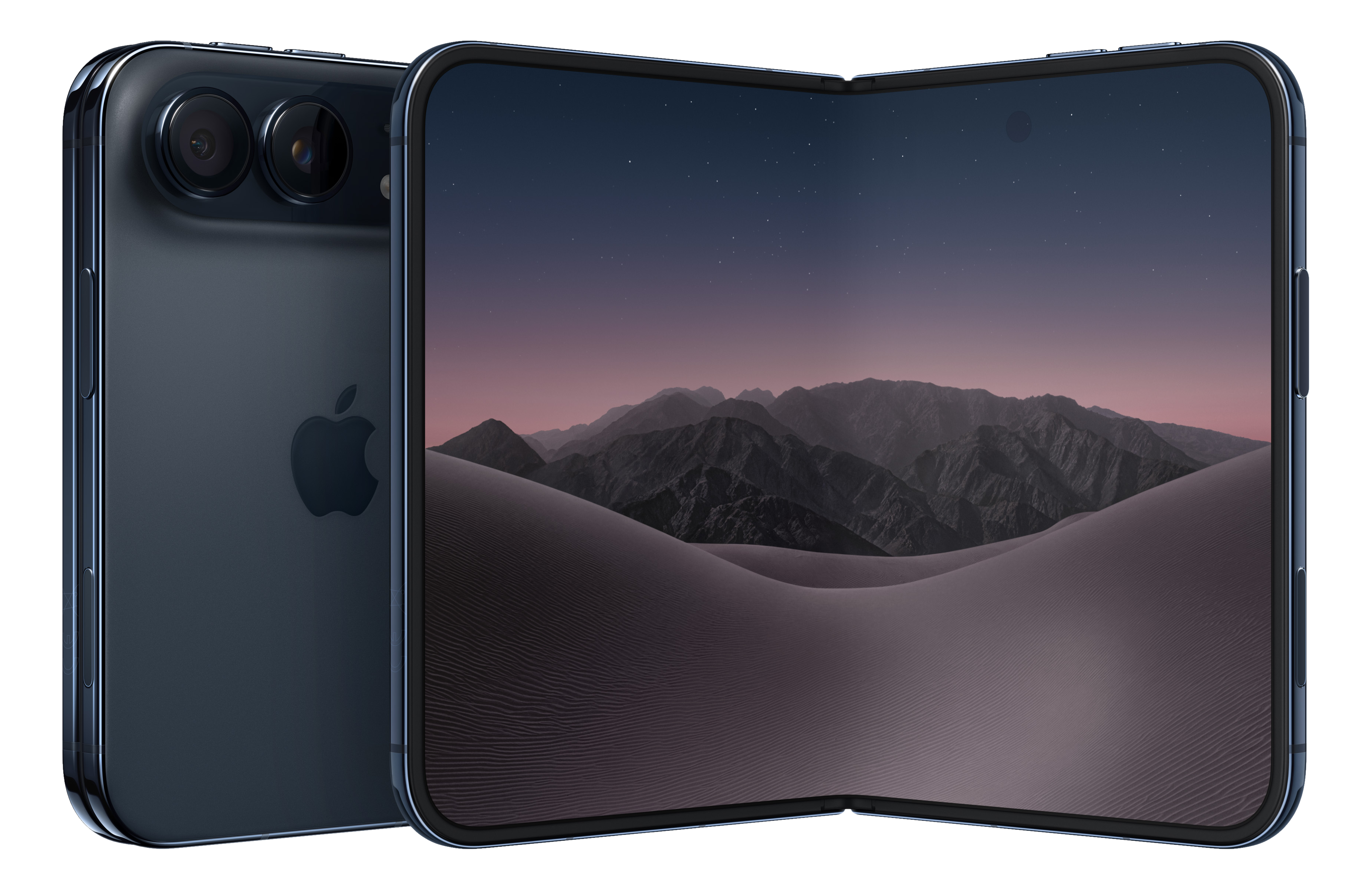Ein blaues faltbares Smartphone mit Apple-Logo und Berg-Hintergrundbild.