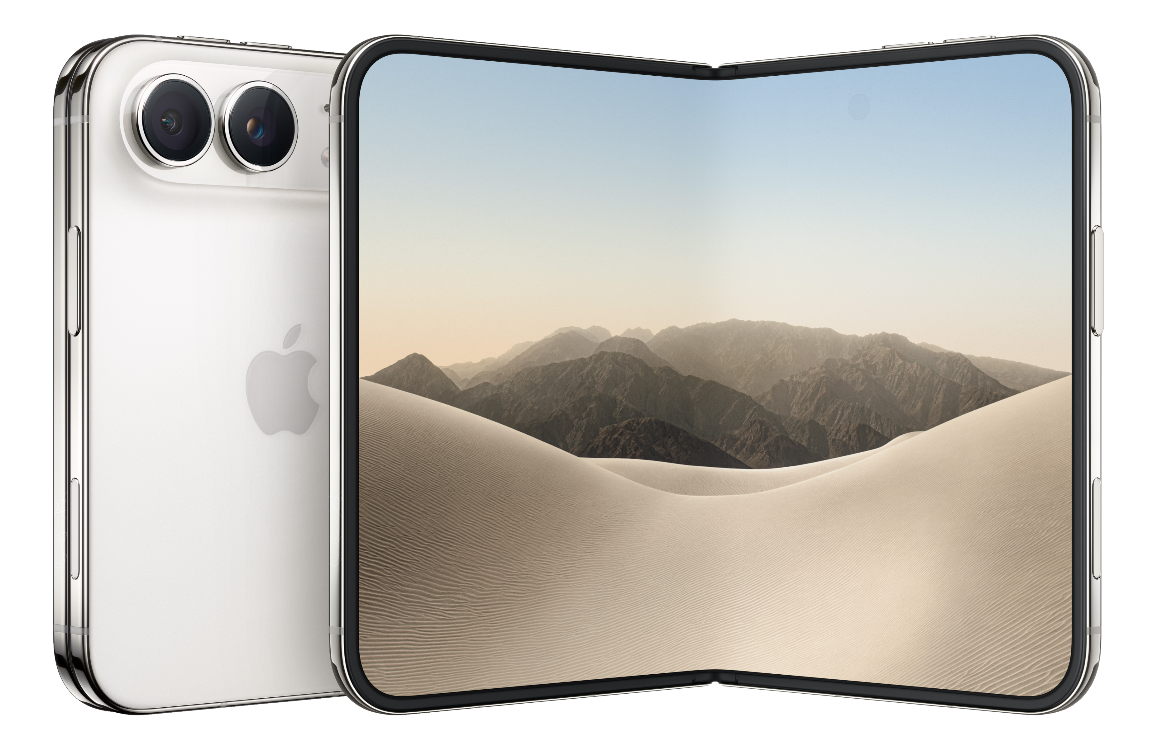 Ein silbernes faltbares Smartphone mit zwei Rückkameras und einem aufgeklappten Innenbildschirm mit Wüstenlandschaft.
