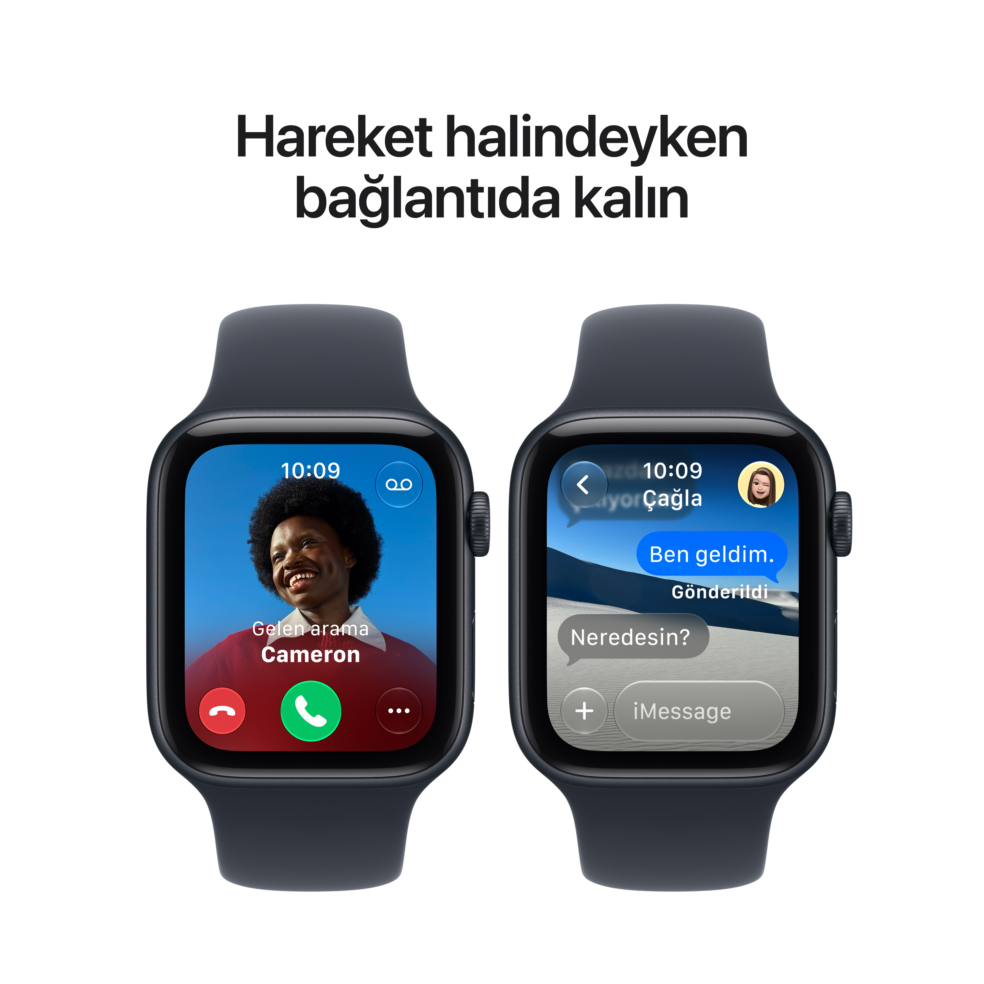 İki siyah akıllı saatte Türkçe metin ve arayüz simgeleriyle çağrı ve mesaj bildirimleri görülüyor.