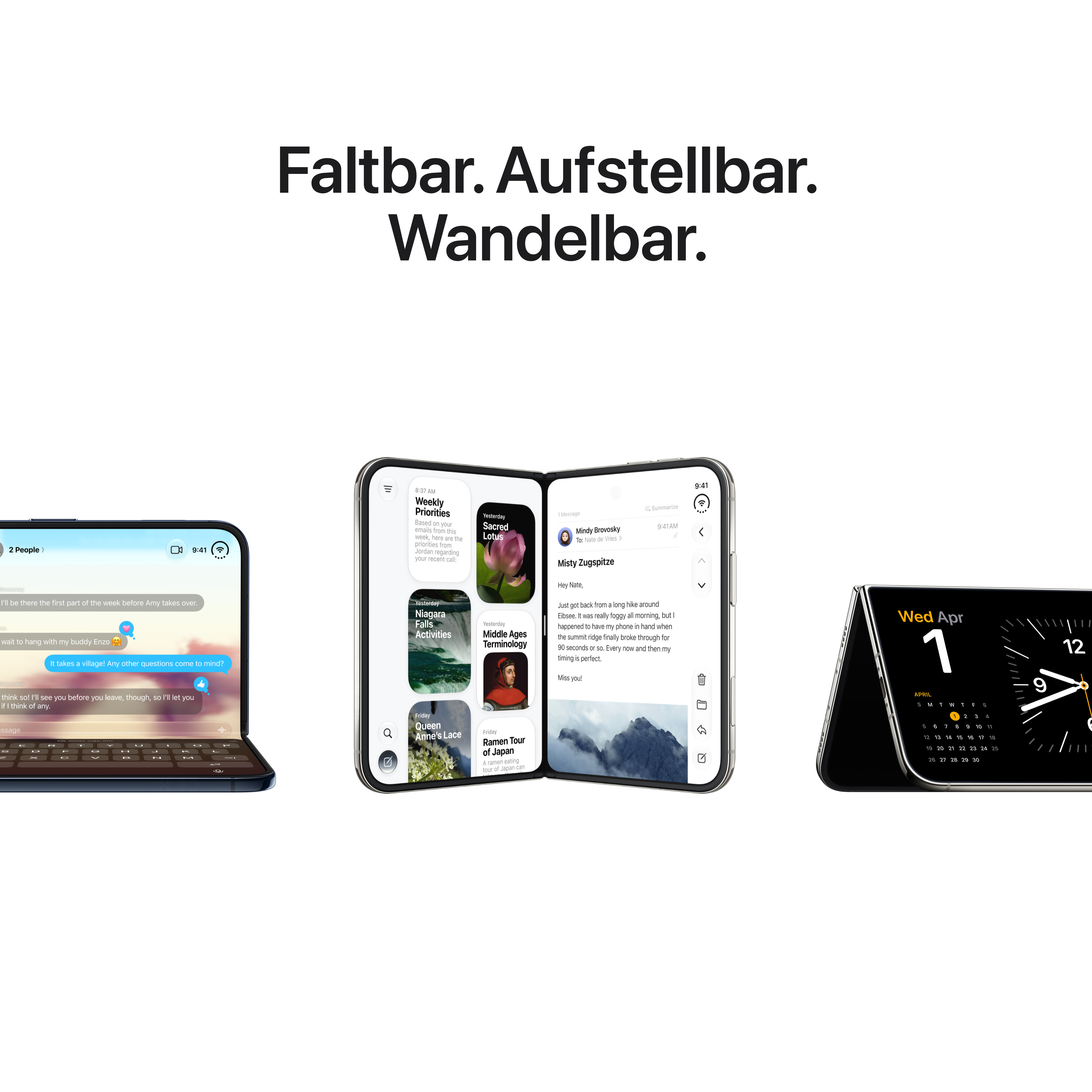 Drei Ansichten eines faltbaren Smartphones vor weißem Hintergrund mit deutschem Text oben.
