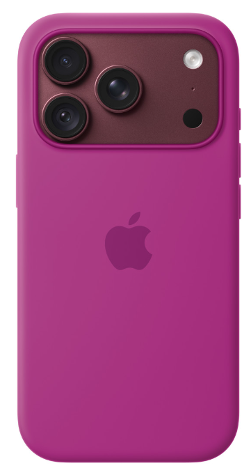 Tył różowego smartfona w etui, z trzema obiektywami i logo Apple.