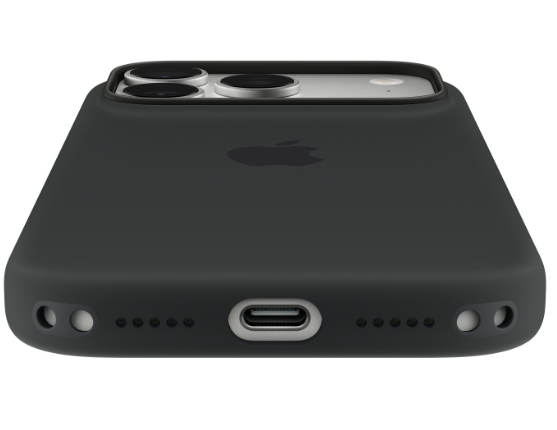 Czarne etui do iPhone'a z logo Apple, portem USB-C i głośnikami na dole.