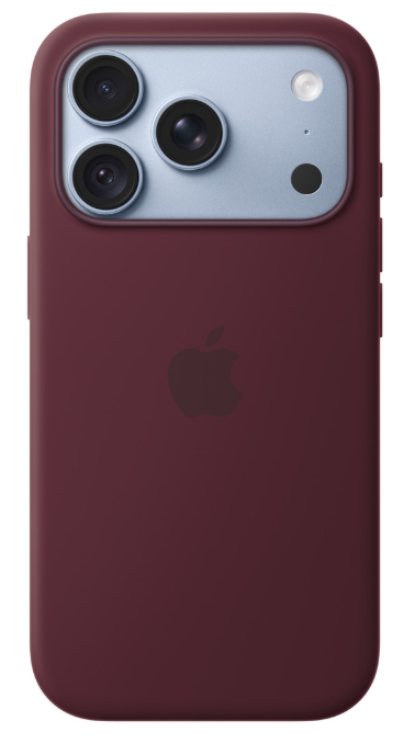 Tył czerwonego smartfona z potrójnym aparatem i logo Apple po środku.