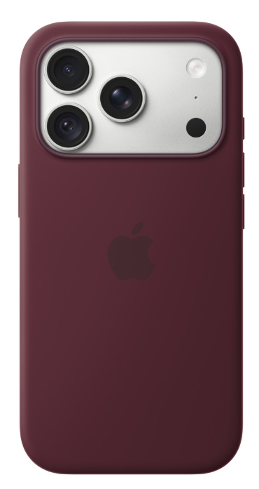 Tył ciemnoczerwonego iPhone'a ze srebrnym modułem aparatu na górze i logo Apple pośrodku.