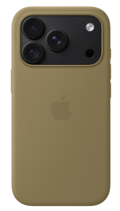 Tył smartfona w oliwkowozielonym silikonowym etui z trzema aparatami i logo Apple.