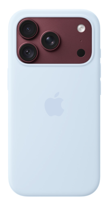 Jasnoniebieski tył smartfona z ciemnoczerwoną wyspą aparatów z trzema obiektywami i logo Apple w środku.