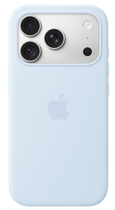 Jasnoniebieski etui na smartfon z tyłu iPhone'a z trzema aparatami i logo Apple.
