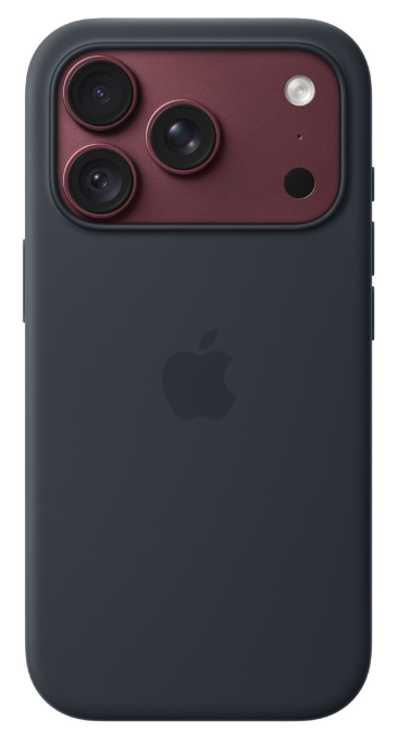 Tył ciemnoszarego iPhone'a z potrójnym systemem aparatów na czerwonej płytce i logo Apple.
