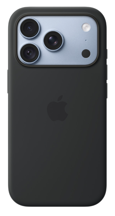 Tył czarnego iPhone'a w etui, z jasnoniebieskim modułem aparatu i logo Apple.