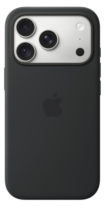 Tył czarnego iPhone'a z trzema aparatami na górze i logo Apple pośrodku na białym tle.