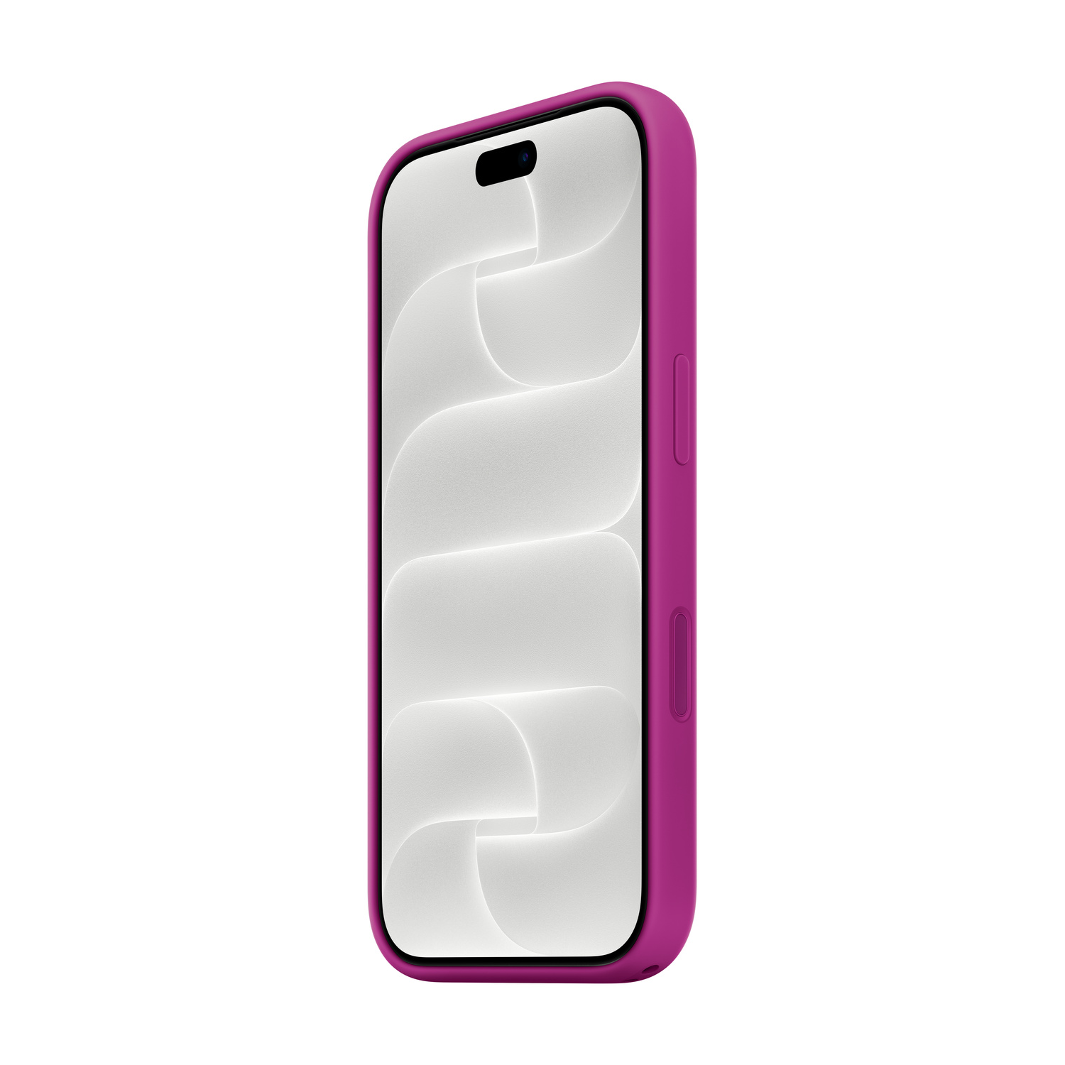 Uno smartphone in custodia rosa con uno sfondo bianco astratto e ondulato.