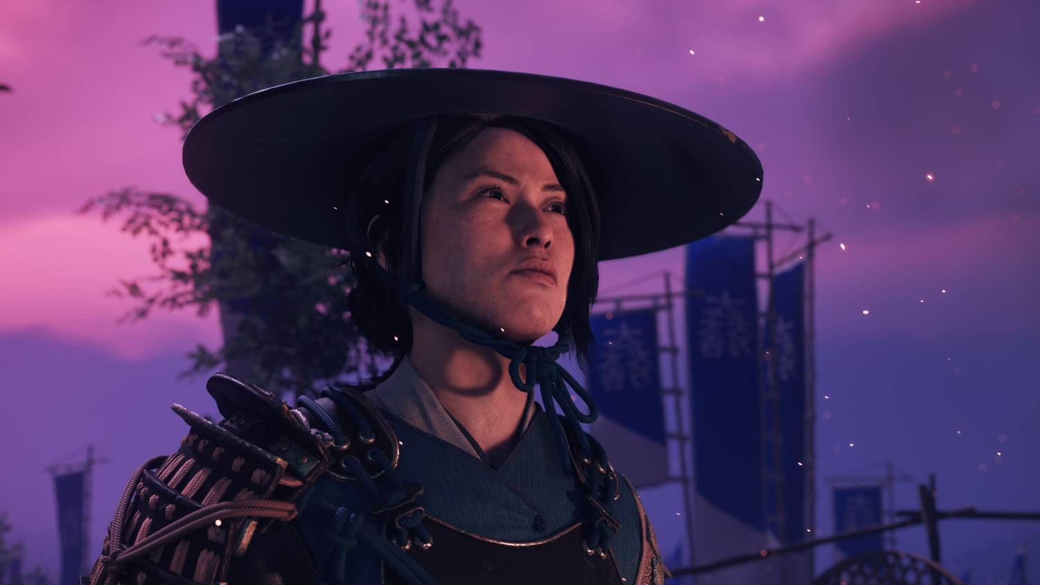 Un guerrero con armadura samurai y sombrero ancho mira hacia un cielo rosa con partículas brillantes.