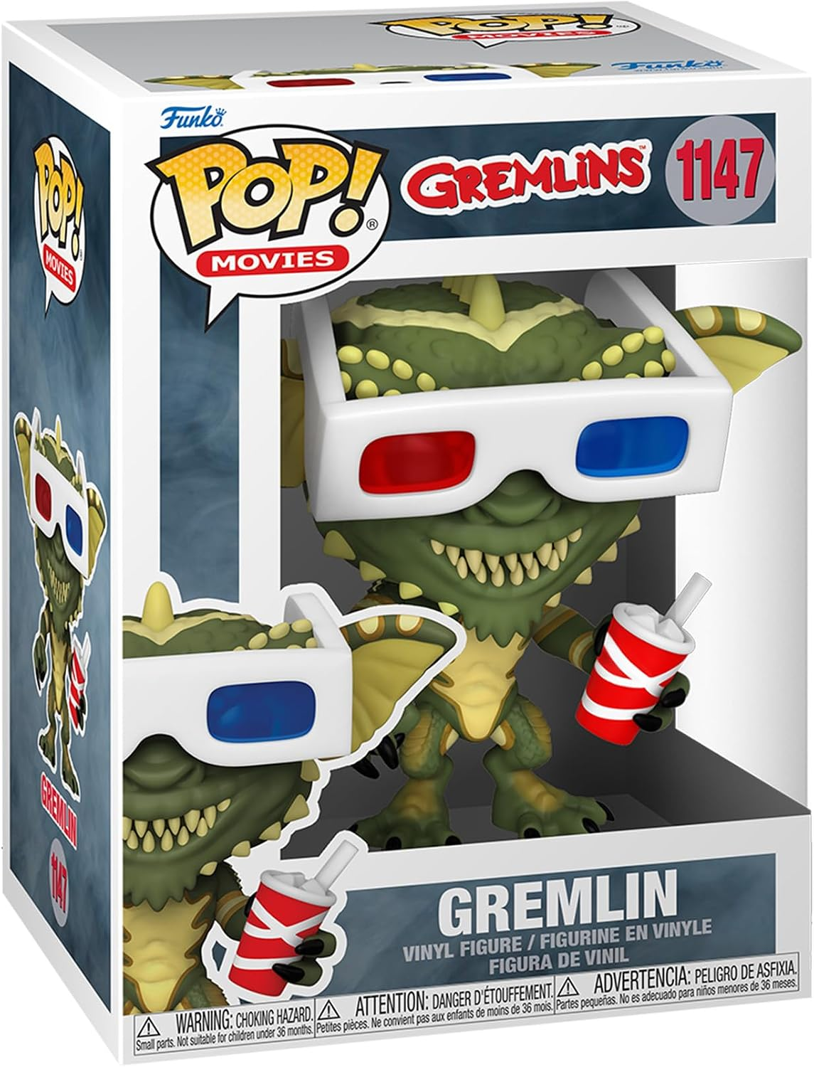 Figura Funko Pop de Gremlin con gafas 3D y bebida en caja.