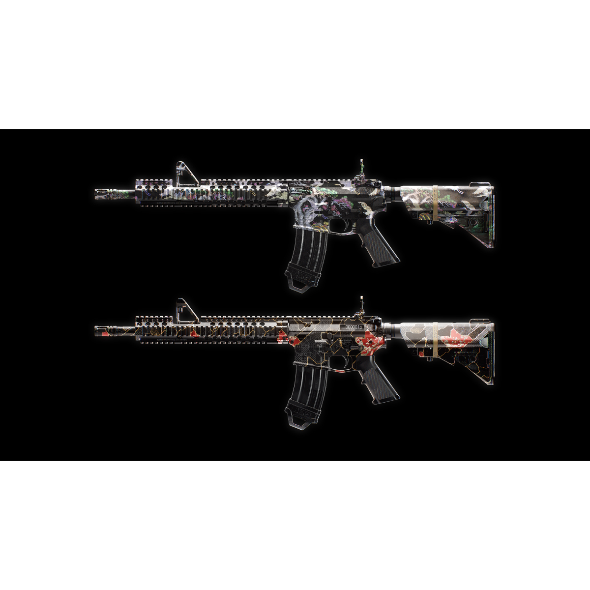 Dos rifles de asalto modernos con patrones intrincadamente decorados sobre fondo negro.