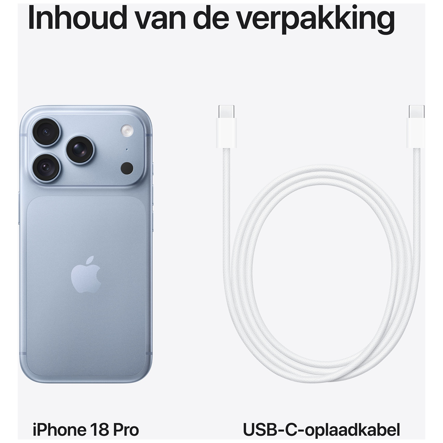 Een lichtblauwe iPhone 18 Pro en een opgerolde witte USB-C oplaadkabel op witte achtergrond.
