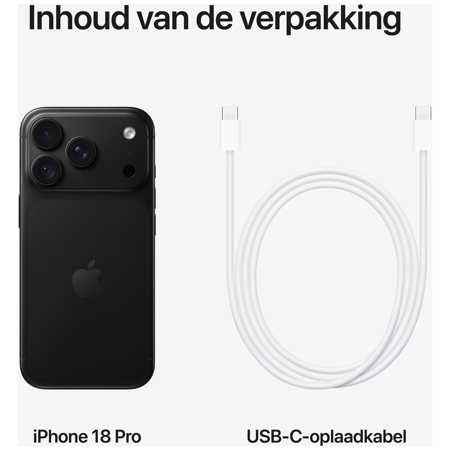 Inhoud van de verpakking: Een zwarte iPhone 18 Pro en een witte USB-C-oplaadkabel.