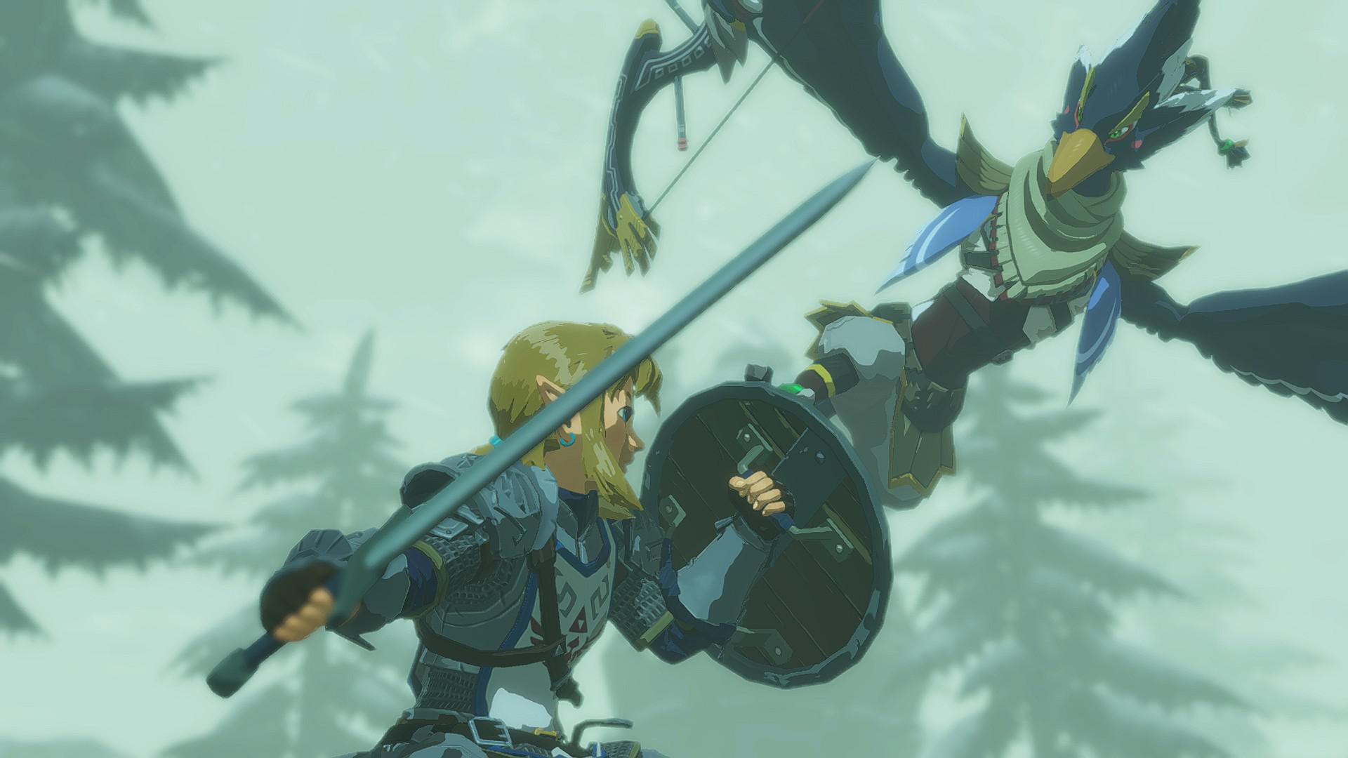 Link kämpft in einer Winterlandschaft mit Schild und Schwert gegen einen vogelähnlichen Feind.