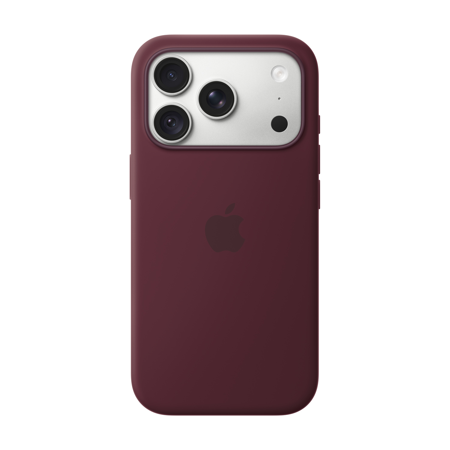 Retro di uno smartphone rosso scuro con un modulo fotocamera argento e logo Apple.