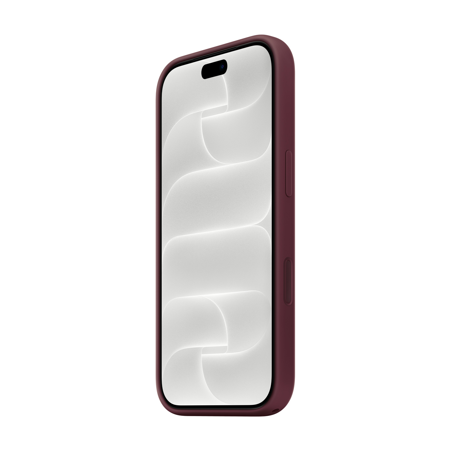 Smartphone rosso scuro in una custodia protettiva con motivo astratto chiaro sullo schermo, su sfondo bianco.