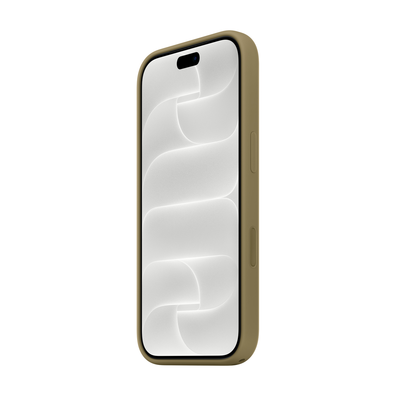 Uno smartphone in una cover kaki mostra uno sfondo chiaro e astratto su sfondo bianco.