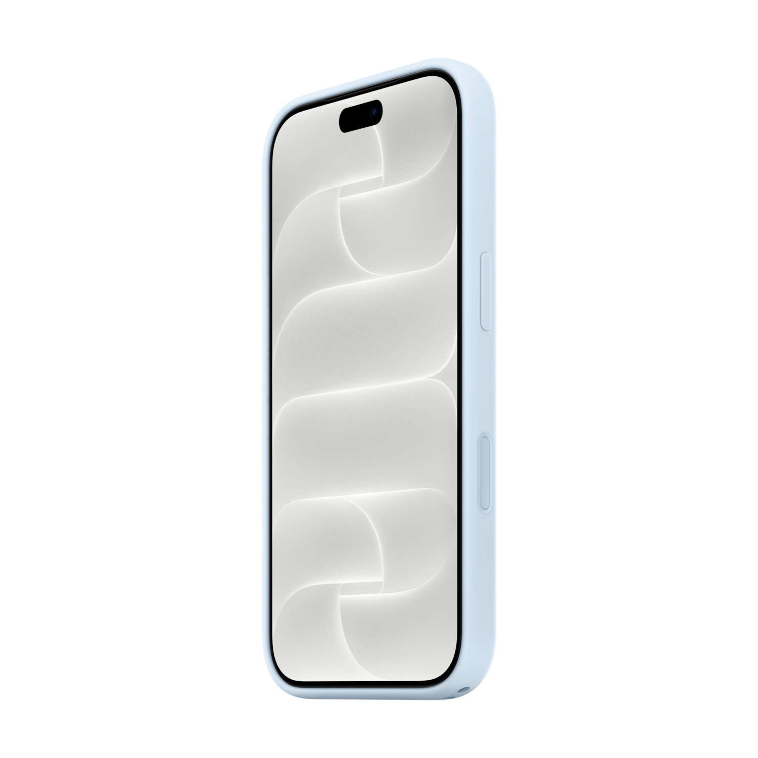 Uno smartphone azzurro inclinato a destra con sfondo astratto bianco su sfondo bianco.