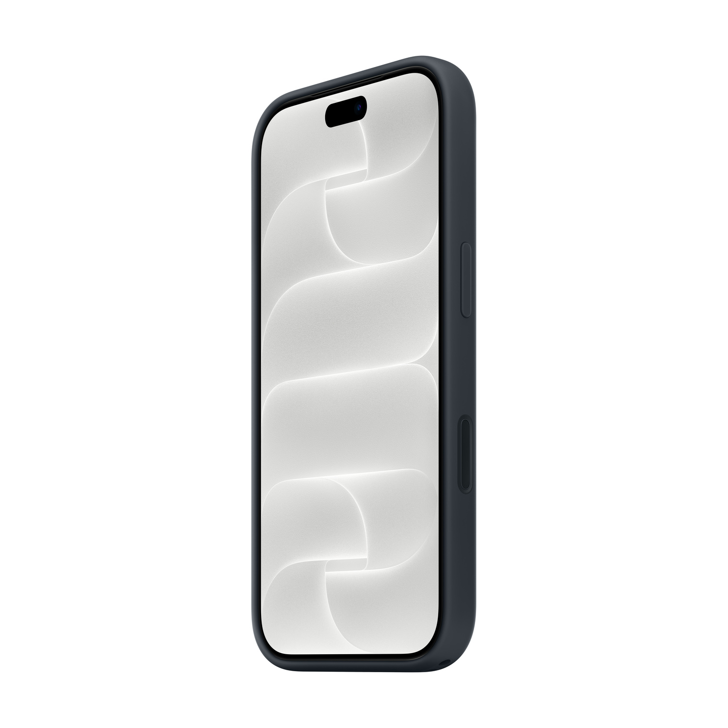 Uno smartphone con cornice nera e sfondo astratto bianco ondulato.