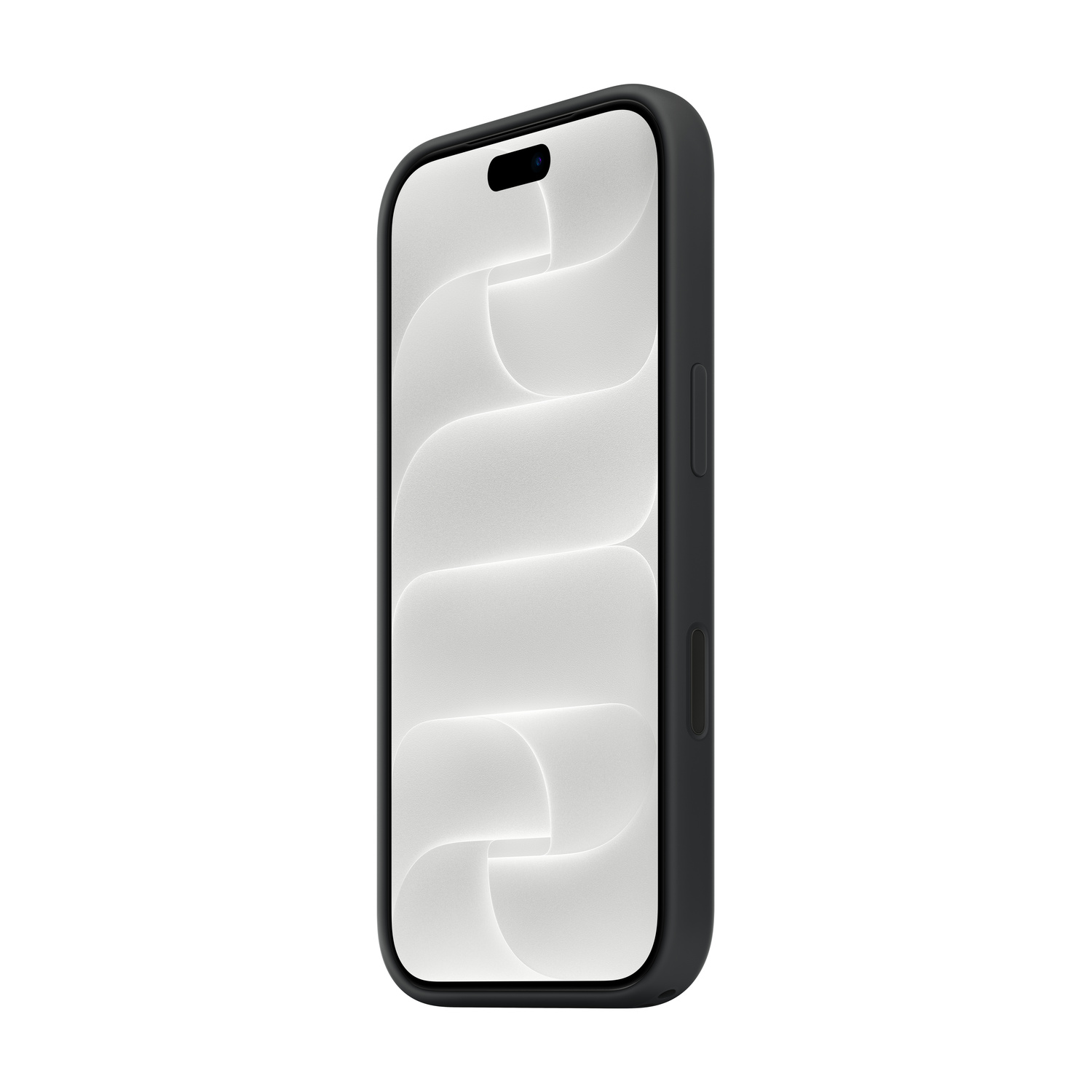 Uno smartphone nero con uno sfondo astratto bianco e grigio e tasti laterali visibili.