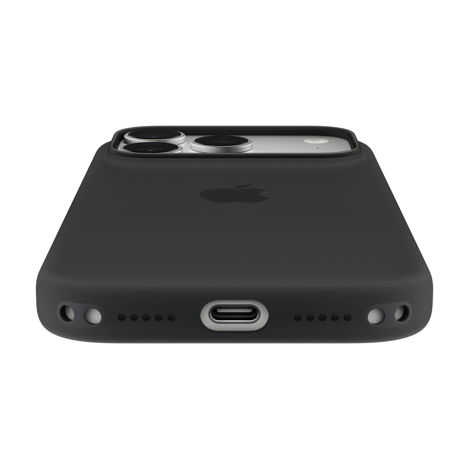 Uno smartphone nero in custodia nera visto dal basso, che mostra la porta USB-C e gli altoparlanti su sfondo bianco.