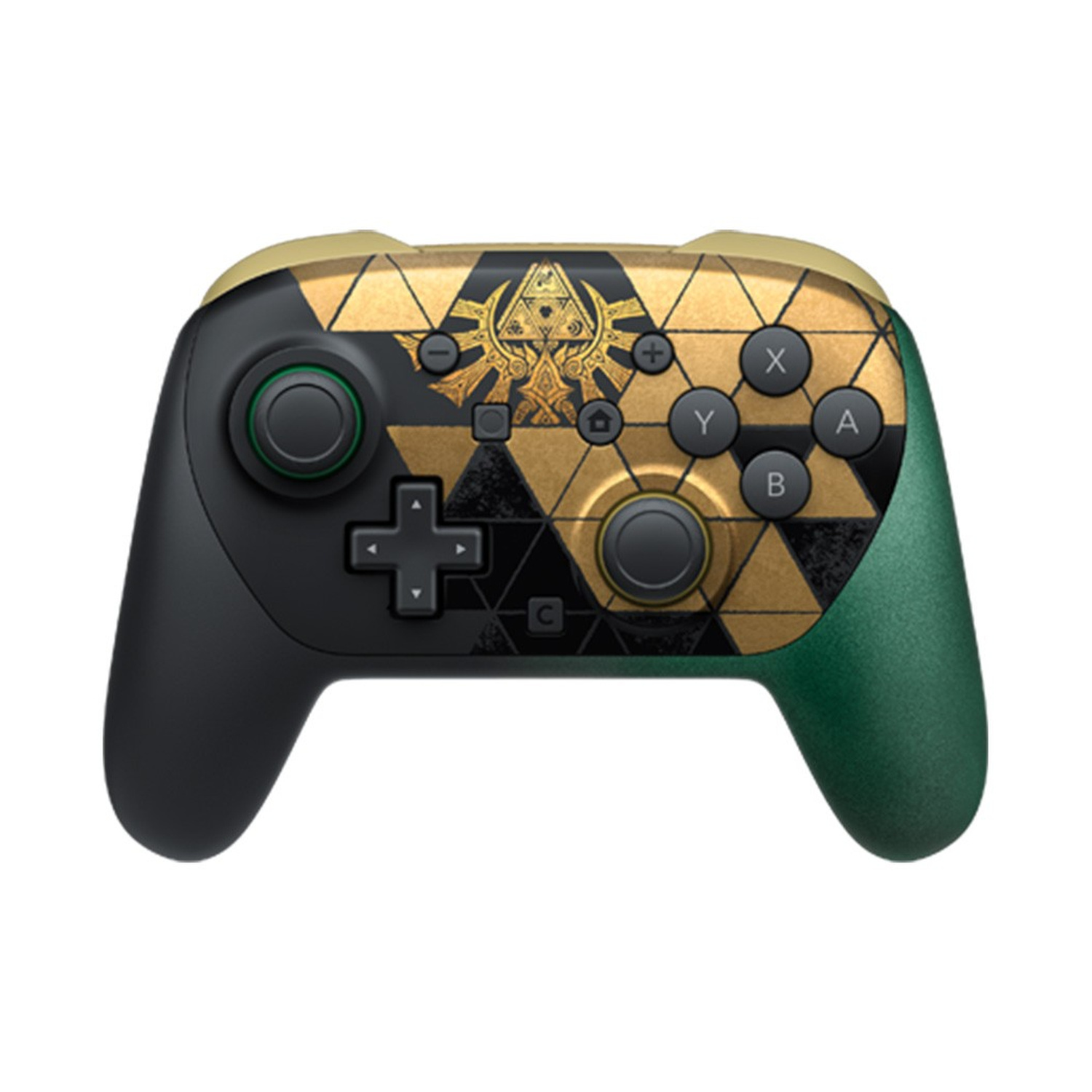 Un controller di gioco nero e oro con motivi a triangolo dorati e un'impugnatura destra verde.